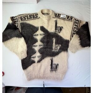 Unbranded Alpaca Wool Sweater XL Cream Black Greek Key Intarsia Knit Pullover
